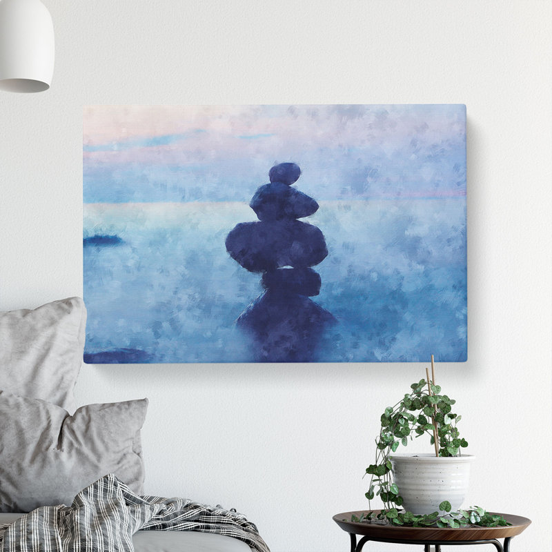 Balancing Zen Stones Upon A Lake Painting - Wrapped Canvas, 35cm H x 50cm W x 3cm D