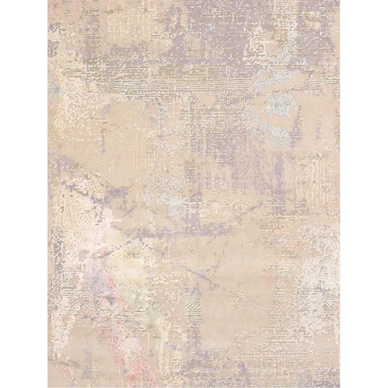 Tapis beige / gris en laine / soie noué à la main