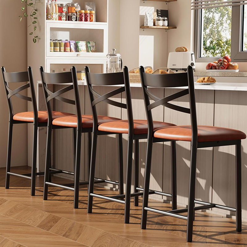 22" Counter Height Bar Stools Set of 4, PU Upholstered Seat, Metal Frame, X-Back, Brown, 4, Brown, Black