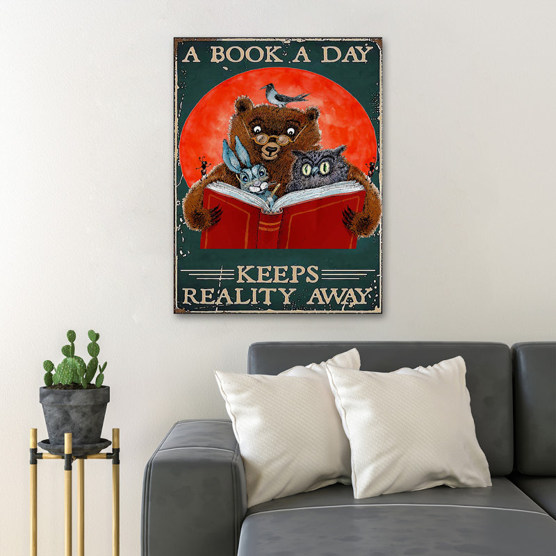 Animaux lisant ensemble - A Book A Day Keeps Reality Away - Reproduction d'art graphique rectangulaire sur toile tendue 1 pièce