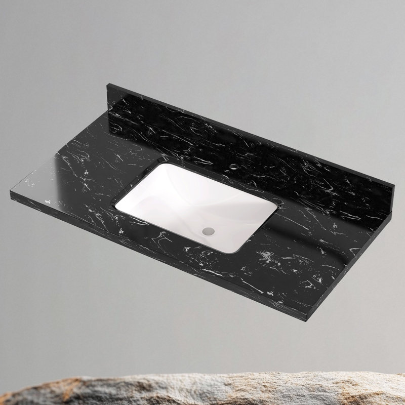Évier de salle de bain 42 po x l 22 po en pierre reconstituée avec comptoir simple et comptoir en céramique Dosseret en H et trou de robinet pré-percé simple