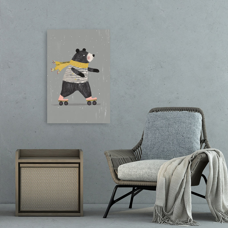 Whimsical Roller Skating Bear Playful Whimsical Abstract Bear Winter Landscape Wall Art Print 1 Piece Wrapped Canvas Wall Art