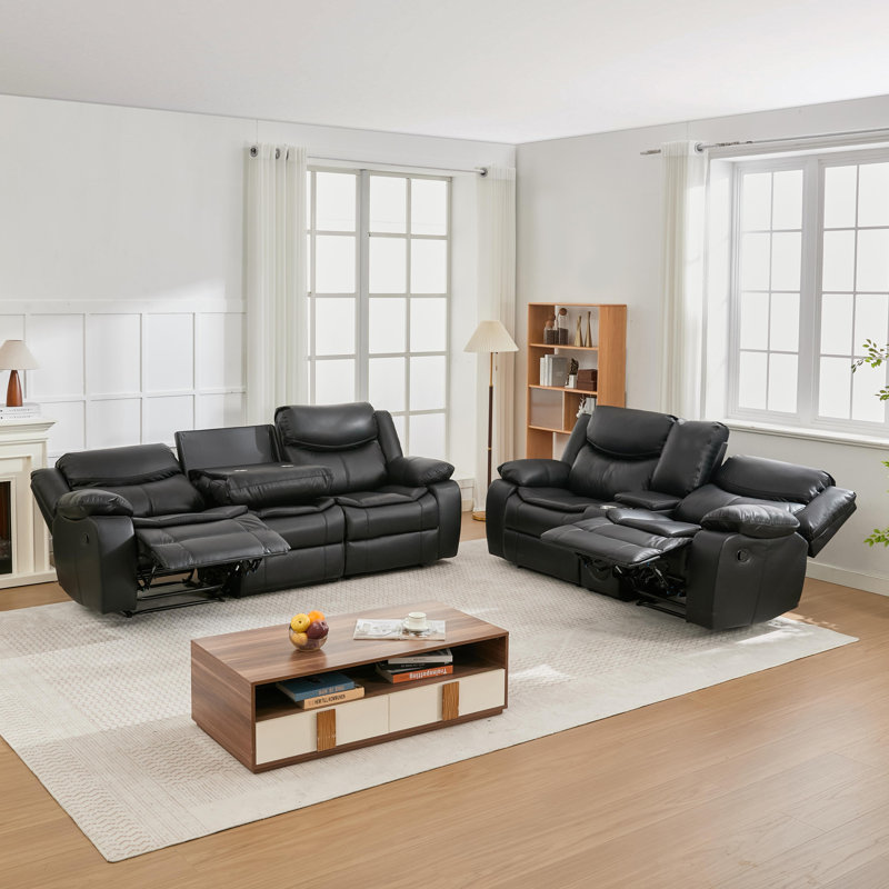  Ensemble de salon en cuir PU 2 pièces avec porte-gobelet et haut-parleur Bluetooth Adwin, Noir