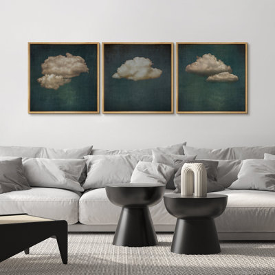 "Pastel, vert, bleu marine, nuages dans le ciel, aquarelle, minimaliste, détente, calme, décor, art moderne IRS31" 3 - pièces sur