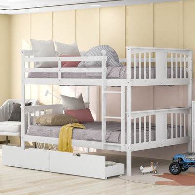 Full Over Full Bunk Bed With Drawers And Ladder For Bedroom, Guest Room Furniture-White