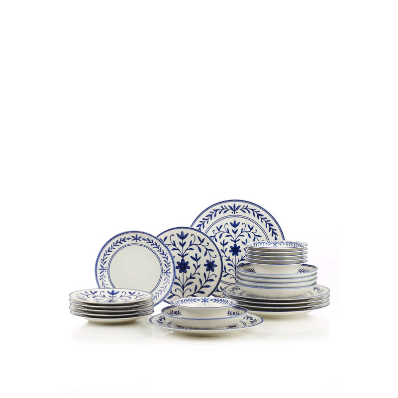 Elegant 24-Piece Dinner Set, Blue Porcelain, Includes 6 Service Plates (9.8 in), 6 Dinner Plates (8.3 in), 6 Bowls (5.1 in), and 6 Dessert Plates (8.3 in) | Microwave & Dishwasher Safe | Perfect for Modern Dining