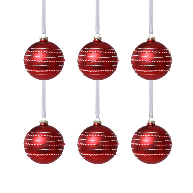 Boules en verre mat avec corde blanche et rouge, ensemble de 6, Rouge, H 4 po x l 4 po x P 4 po