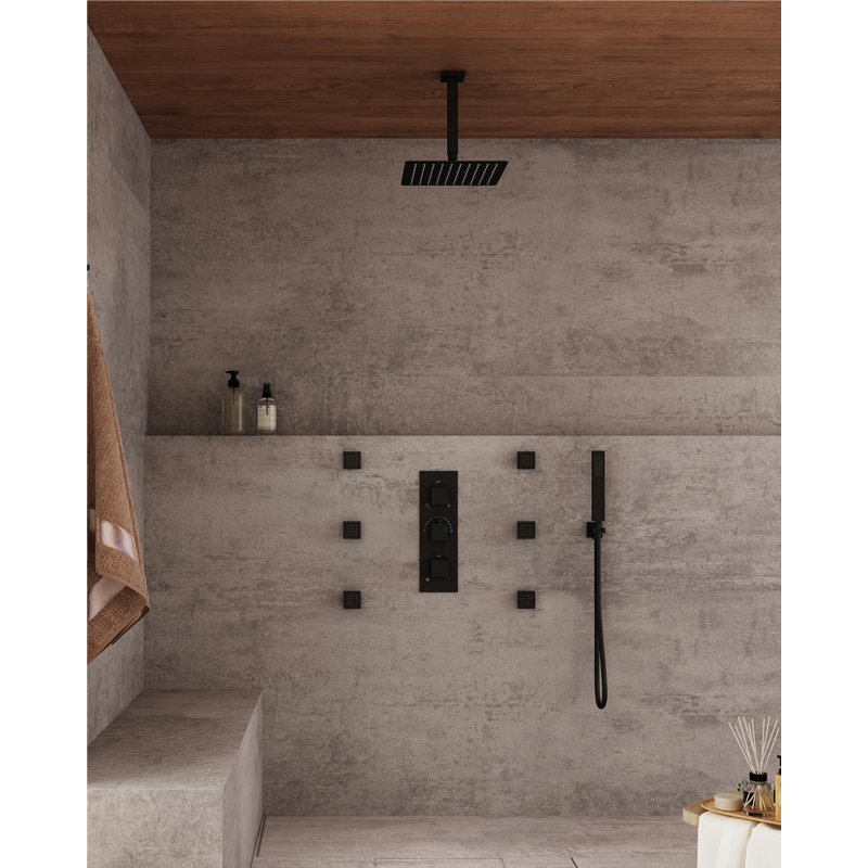 Système de douche thermostatique 3 fonctions avec 6 jets corporels Herathena, Noir mat