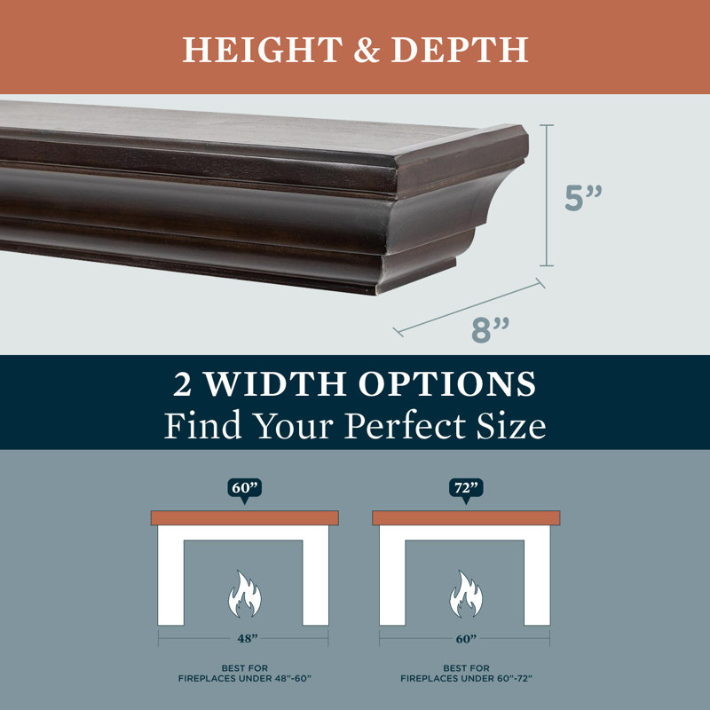 Colton Floating Wood Fireplace Mantel Shelf 60 in. - Crafted from Pine Wood - Traditional Design, 60" Length, Chocolate