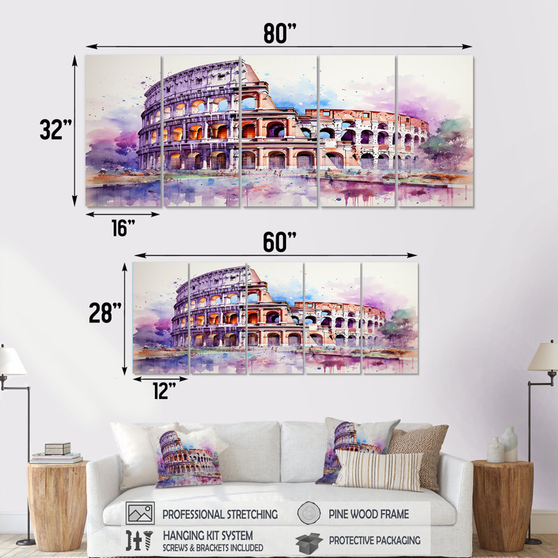 Italie, Colisée romain II - Italie, art mural sur toile 5 pièces, H 28 po x l 60 po