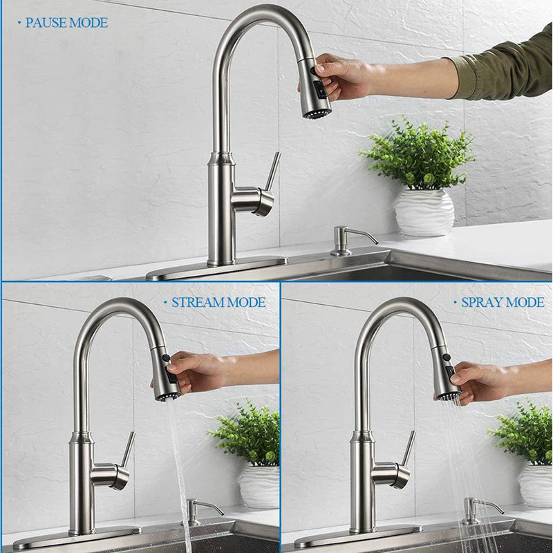 Brushed Nickel Stainless Steel High Arc Kitchen Faucet with Pull-out Spray