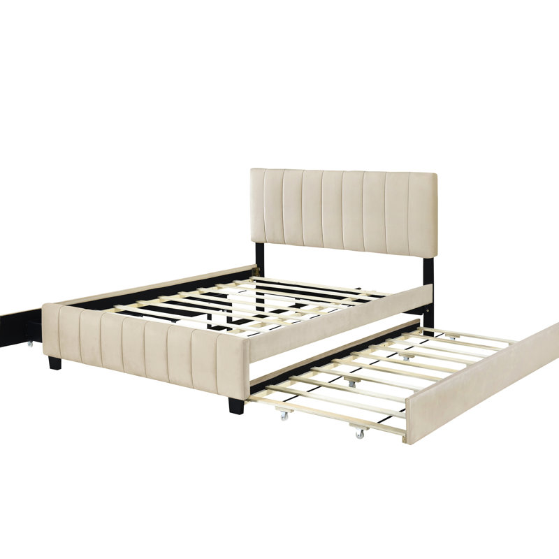 Grand lit plateforme tapissier avec 2 tiroirs et gigogne simple TG - beige robuste, Beige