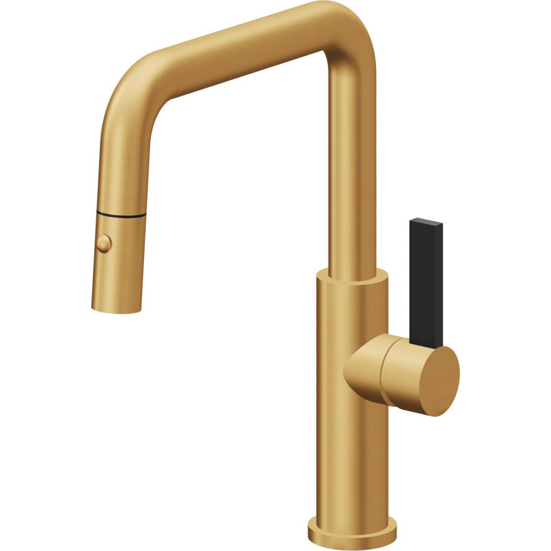 Corsano Contemporary Pull Down Kitchen Faucet with Button Sprayer Quad Spout and BFB Series Handle, Lifetime Satin Gold