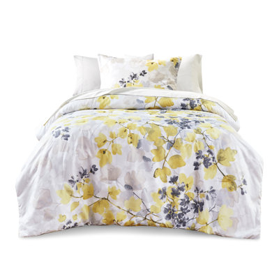 Twin Xl Comforter With Sheets - Modern Yellow Gray Leaf Print Botanical, Soft Microfiber, Filling, Side Pockets On Fitted Sheet For Extra Storage, Includes Comforter, Shams, Sheets, Pillowcases