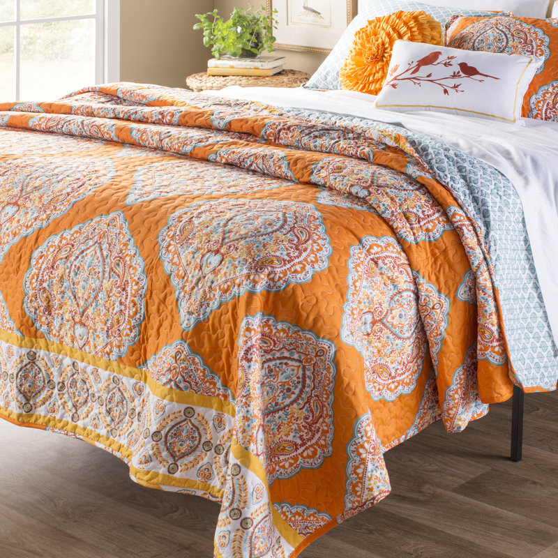Harley Microfiber Reversible 5 Piece Quilt Set, King Quilt + 2 King Shams + 2 Throw Pillows, Tangerine