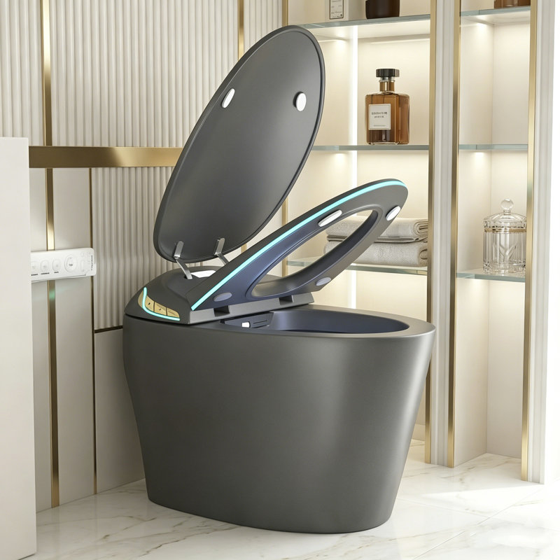 Smart Toilet with Bidet, Backup Battery, Auto Open/Close Lid, Heated Seat, Instant Warm Water, Foot Sensor Flush, Remote Control, LED Display, Grey
