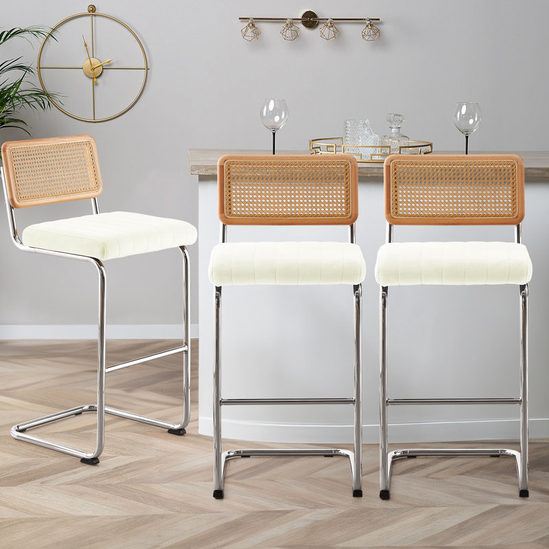 Tabouret de bar et de comptoir en velours Georgios, Velours blanc / cadre argenté