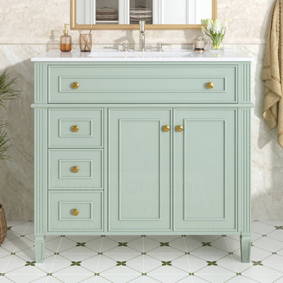 Elegant Single Sink Bathroom Vanity with 4 Drawers, 2 Doors, Adjustable Shelf, Ceramic Basin, and Soft-Close Hinges