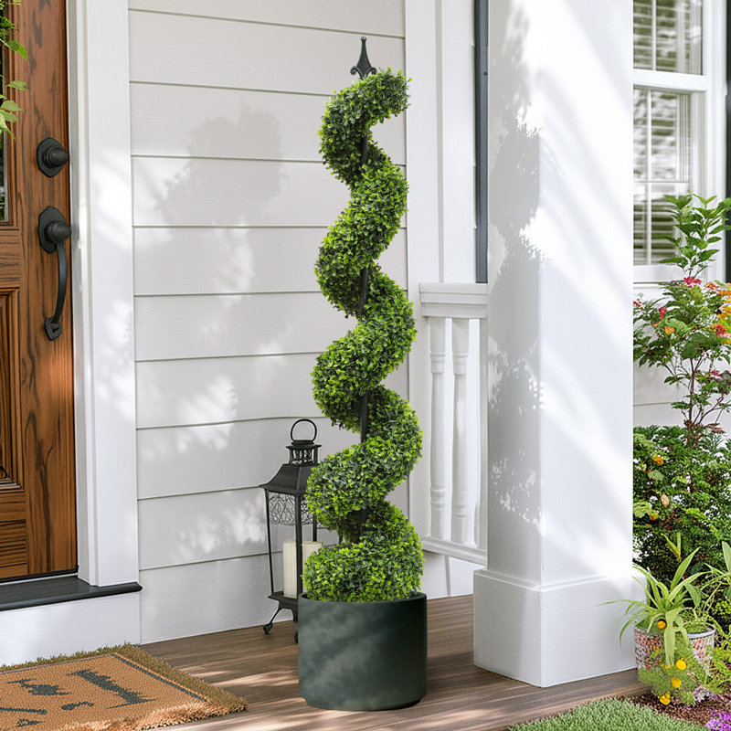 5 Ft. Artificial Boxwood Spiral Tree Black Plastic Pot