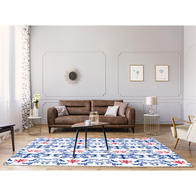 Tapis damassé blanc / bleu marine, Rectangle 9 pi x 12 pi