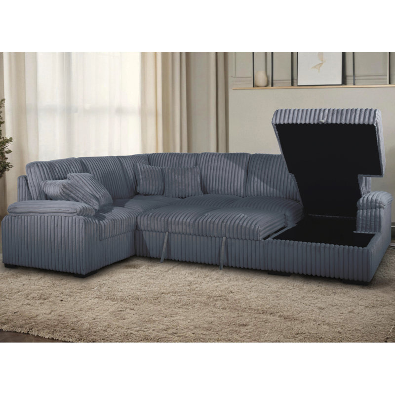 Corduroy U-Shape Sectional With Pull Out Bed & Storage Chaise + 6 Pillows, Dark Gray Corduroy, Right Hand Facing