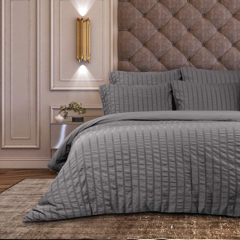 King Navy Blue Seersucker Microfiber Duvet Cover Set
