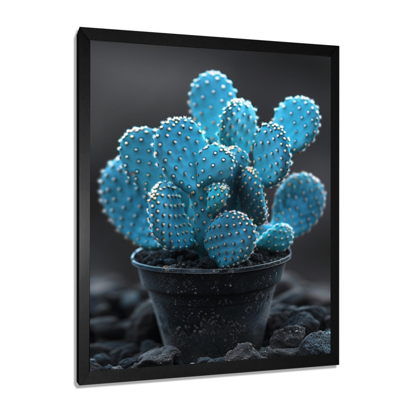 Bleu et gris, photo monochrome de cactus dans un vase - cactus floral, H 20 po x l 12 po x P 1 po