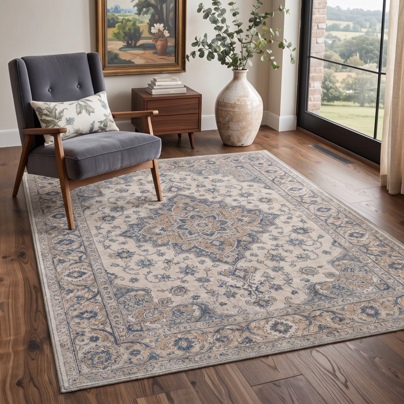 Tapis traditionnel gris / bleu Performance à poils courts et antidérapant, Rectangle 8' x 10'
