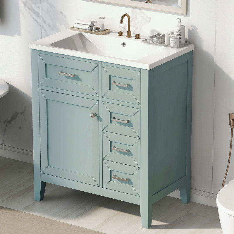 Taneal 30" Single Bathroom Vanity with Ceramic Sink Combo, Bathroom Vanity with Drawers, Solid Frame and MDF Board, Green
