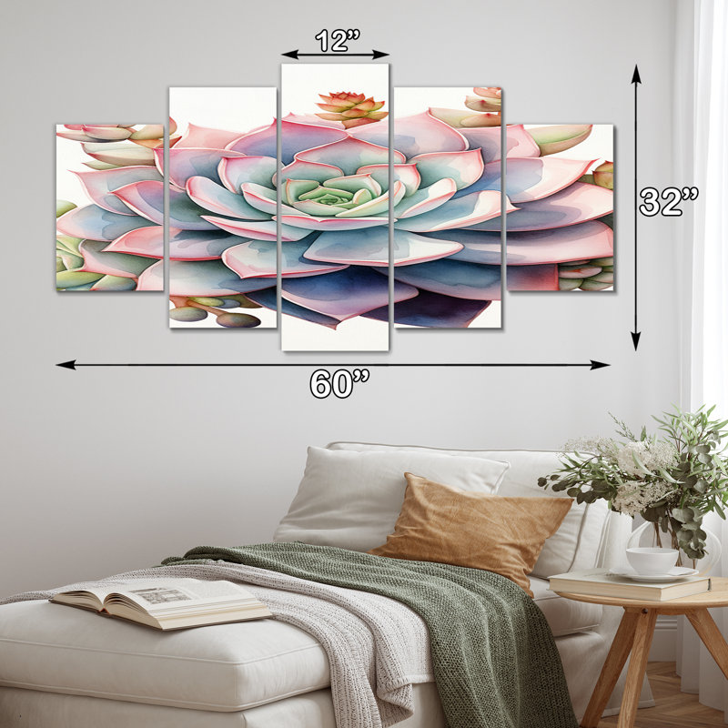 Blossoming Succulent Tender Retro - bleu et rose - décoration murale succulente - 5 panneaux