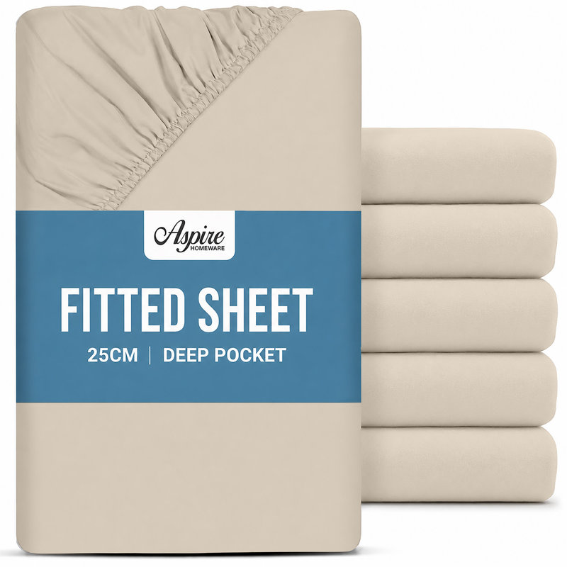 Aspire Homeware Cream 25cm Deep Fitted Sheets Pack of 6 with Elasticated Edges, Double (137cm W x 190cm L)