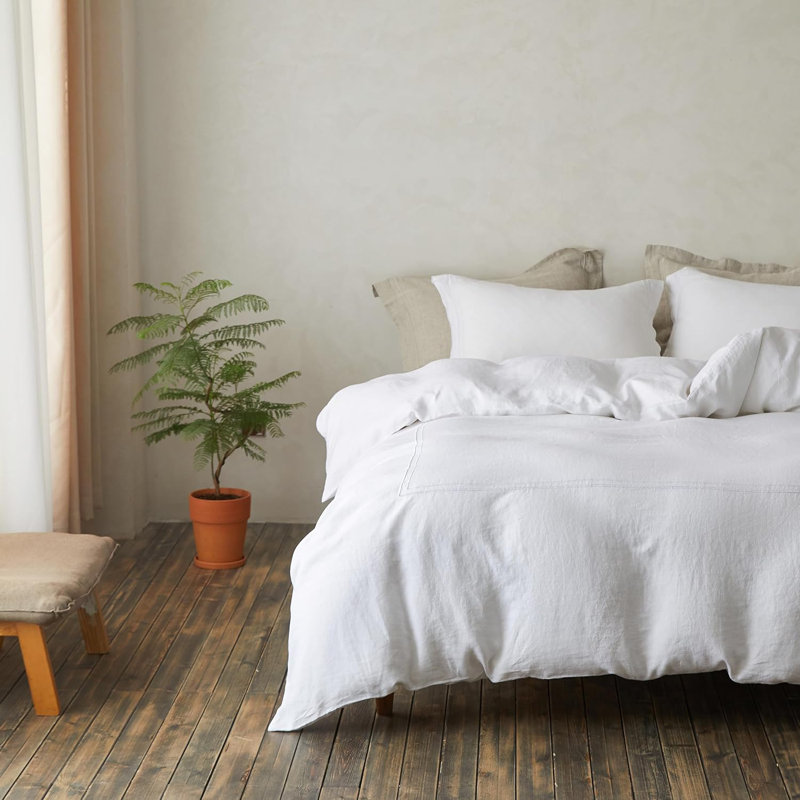 100% Washed Linen Duvet Cover Set-3 Pieces 1 Duvet Cover And 2 Pillowcases, Embroidery White, King Duvet Cover + 2 King Shams