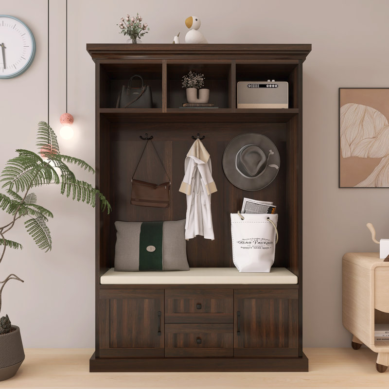 71'' Height 3-In-1 Hall Tree With 3 Hooks , Coat Hanger And Storage Bench For Hallway, Entryway, Living Room, Brown