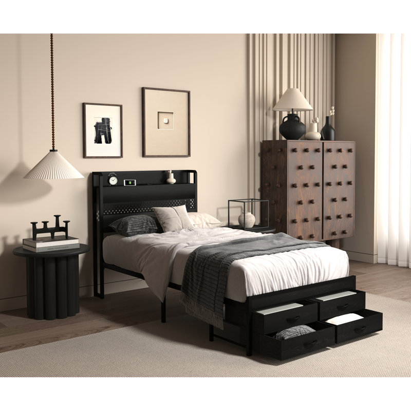 Lit plateforme en métal avec rangement pour lit simple - belle tête de lit à cadre 16 couleurs et espace pour maximiser le confort de la chambre à coucher