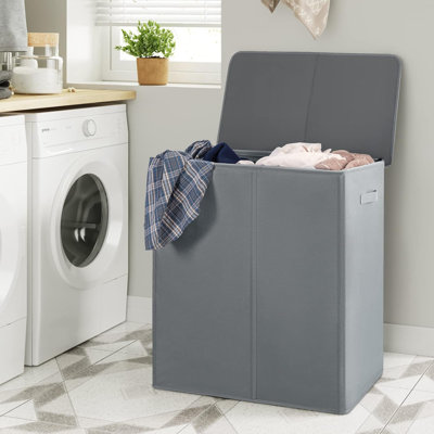 Panier à linge double 154L avec couvercle et sacs à linge amovibles, grand panier à linge pliable, 2 paniers à linge pliables, rangement pour chambre, salle de bain, université, gris