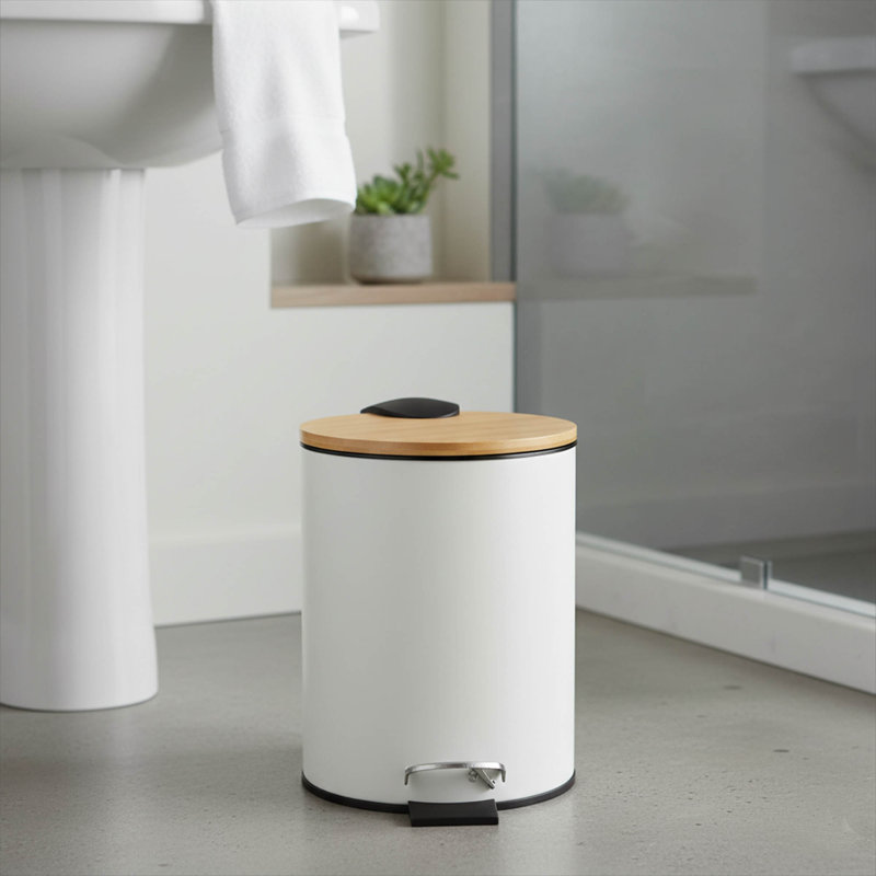 Trash Can with Bamboo Lid and Pedal, 2.5L Capacity, White