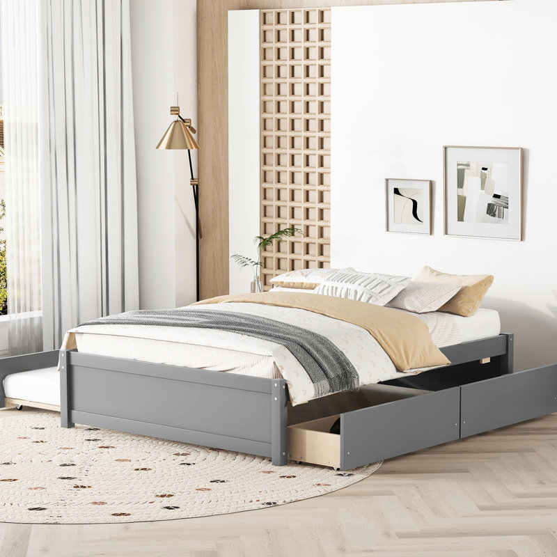 Lit double gris avec lit gigogne simple et choix de rangement pratiques - Élégant système de tiroir moderne à tiroirs gris et bois massif
