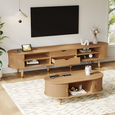Ensemble meuble télé et table basse de style champêtre avec station de recharge, naturel