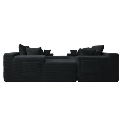 124" Corduroy Cloud U-Shape Sectional Sofa – Black, Cup Holders & Side Pockets, Deep Seating, No Assembly Required