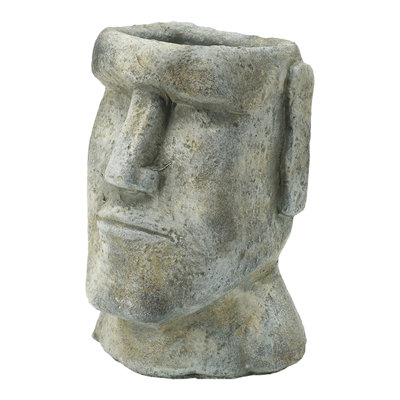 9 Inch Easter Island Cement Planter, Small To Medium Hollyhocks, Gray, Charming Facial Look , Intriguing Features