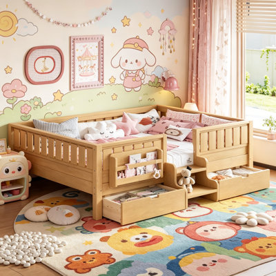 Lit double pleine grandeur avec étagères intégrées et tiroirs de rangement, lit en bois massif avec escalier de sécurité pour tout-petits, enfants, philosophie éducative Montessori, beige.
