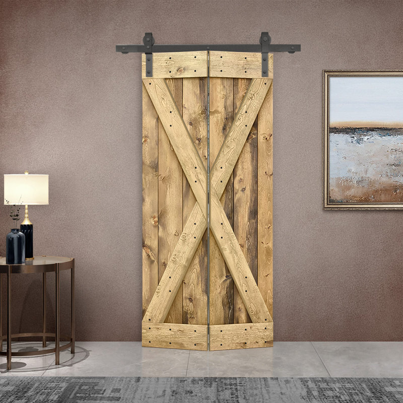 Porte de grange pliante pré-assemblée en bois avec quincaillerie coulissante, 36" x 84", Chêne vieilli