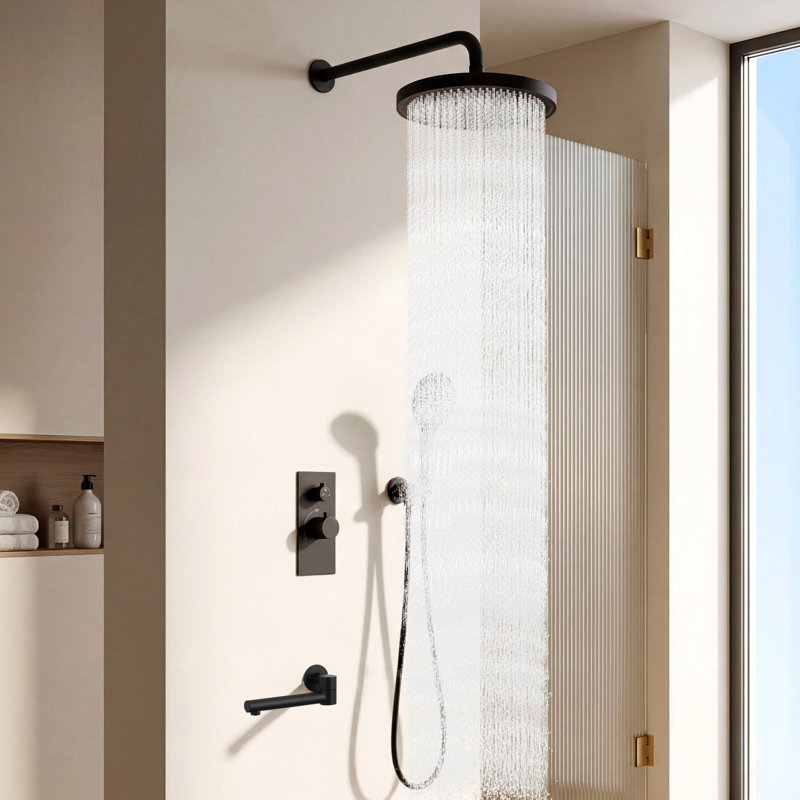 Système de douche à 3 fonctions de luxe avec douche à effet pluie de 10 po, douchette et douchette, valve en laiton massif, 2,5 gallons par minute