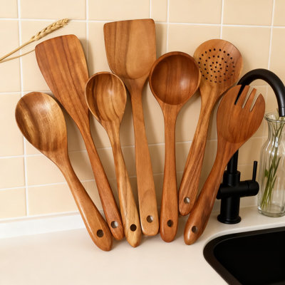 Ensemble de 7 spatules en bois de teck de qualité supérieure, cuillères et ustensiles en bois naturel pour batterie de cuisine antiadhésive, spatule de cuisine durable et louche à long manche
