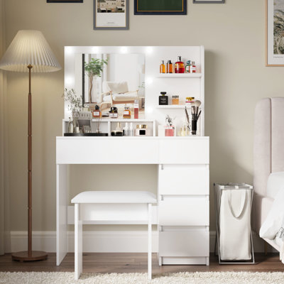 Coiffeuse de maquillage blanche avec miroir et 3 modes de luminosité réglables, tiroirs très profonds, beaucoup d'espace de rangement pour l'éclairage de bureau, 4 volume abondant, moderne