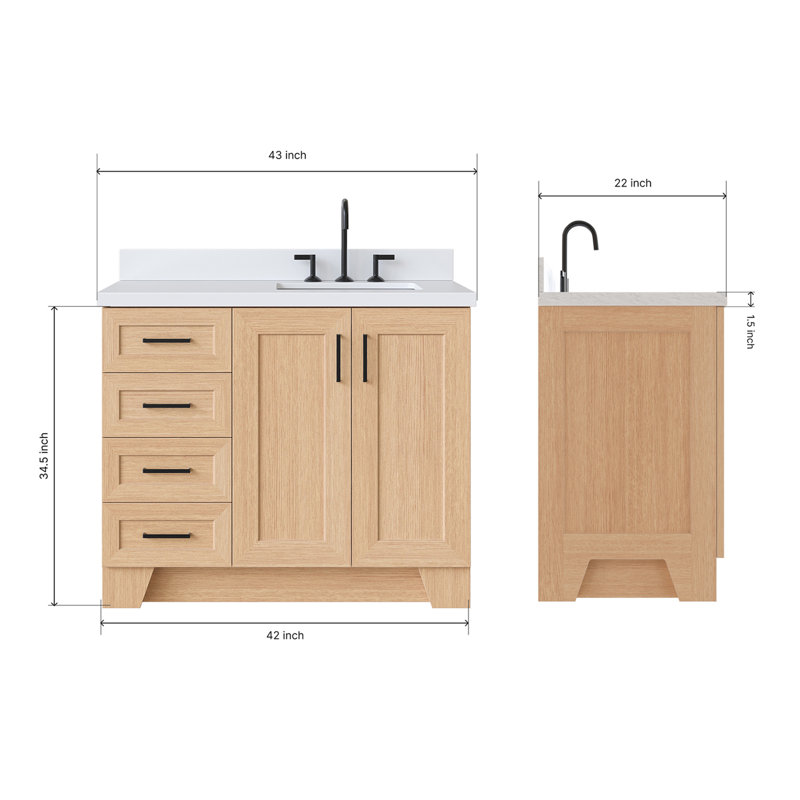 ARIEL TAYLOR 43 IN RIGHT OFFSET RECTANGLE SINK VANITY, Right, Rectangle, Natural Oak