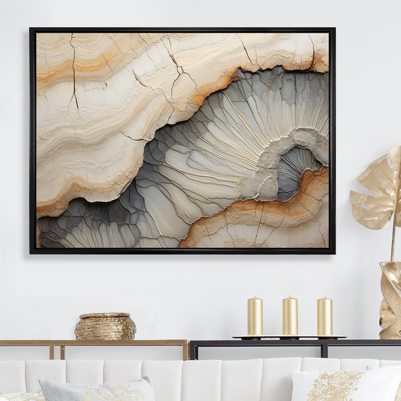 Pierre de minimalisme beige et orange Geode II sur toile, Cadre flottant noir, H 34 po x l 44 po x P 1,5 po