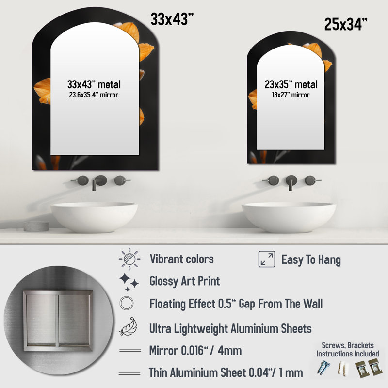 Fragrant Fusion orange black Orchids photo I - Orchid Asymmetrical Unique Wall Mirror Decor, Orange Arch Large Mirror, Printed Metal Art
