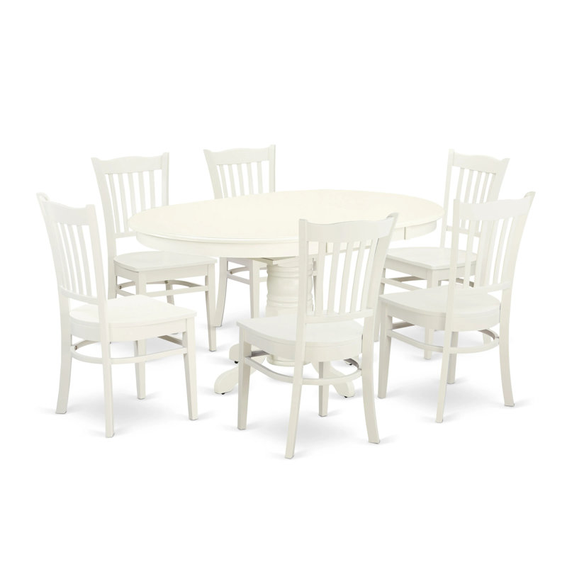 7 Piece Dining Table Set Consist of an Oval Dining Room Table with Butterfly Leaf and 6 Wood Seat Chairs, Linen White, White