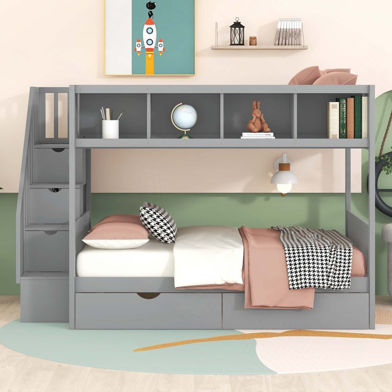 Lit superposé simple au-dessus de double avec tablettes, escalier de rangement et 2 tiroirs de rangement, Grey
